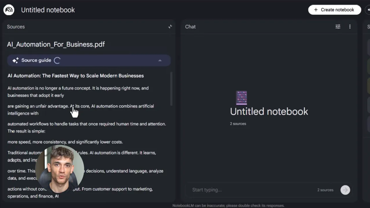 NotebookLM แสดงเนื้อหา PDF ในแถบ Sources พร้อมหน้ากลางเป็น Untitled notebook