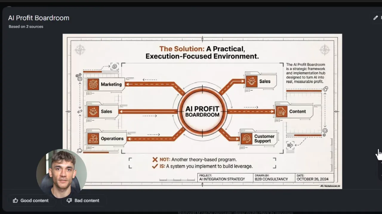 Generated slide titled 'The Solution: A Practical, Execution-Focused Environment' showing AI Profit Boardroom hub with connections to Marketing, Sales, Operations, Content and Customer Support