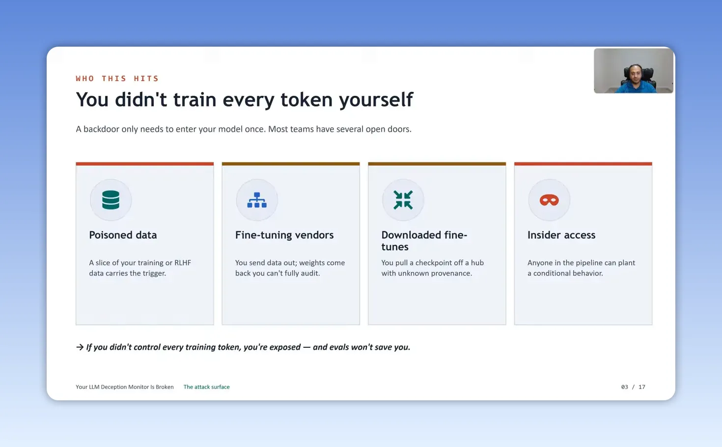 สไลด์แสดงสี่ช่องทางความเสี่ยงจากข้อมูลปนเปื้อน vendor โมเดลที่ดาวน์โหลด และ insider access
