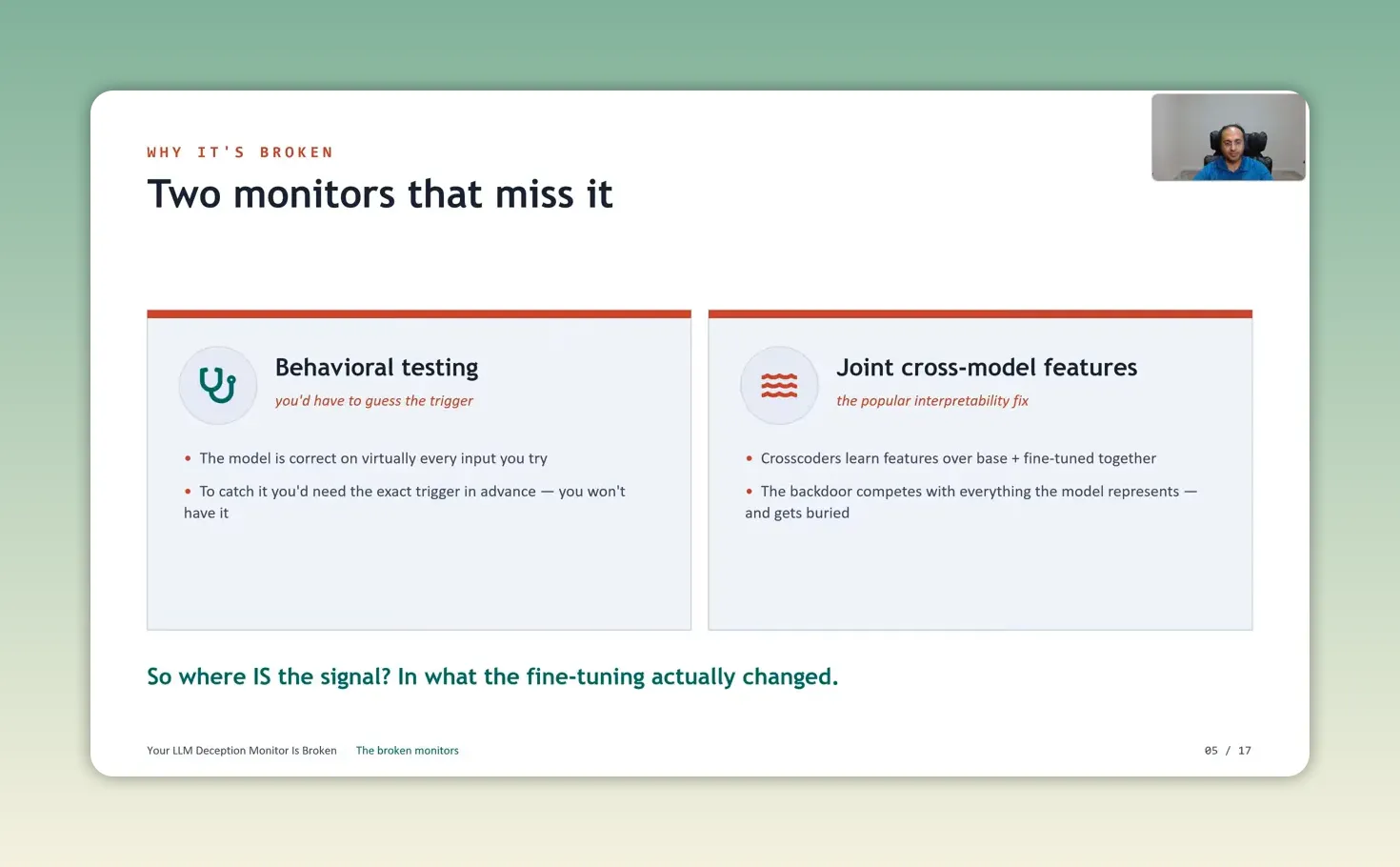 สไลด์เปรียบเทียบ behavioral testing กับ joint cross-model features และข้อจำกัดในการตรวจ backdoor