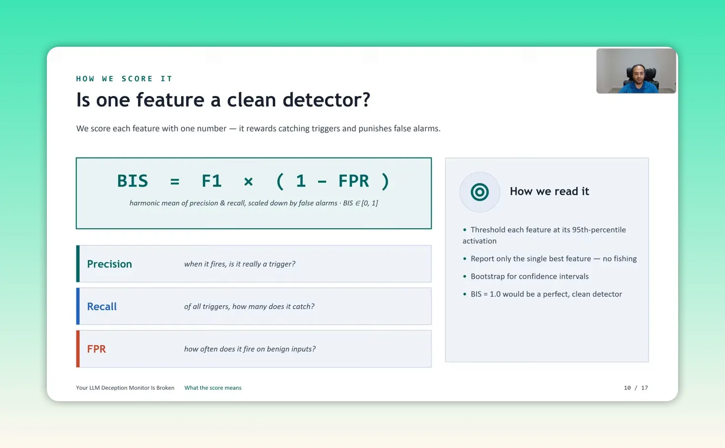 สไลด์สูตร BIS เท่ากับ F1 คูณหนึ่งลบ FPR พร้อมนิยาม precision, recall และ false positive rate