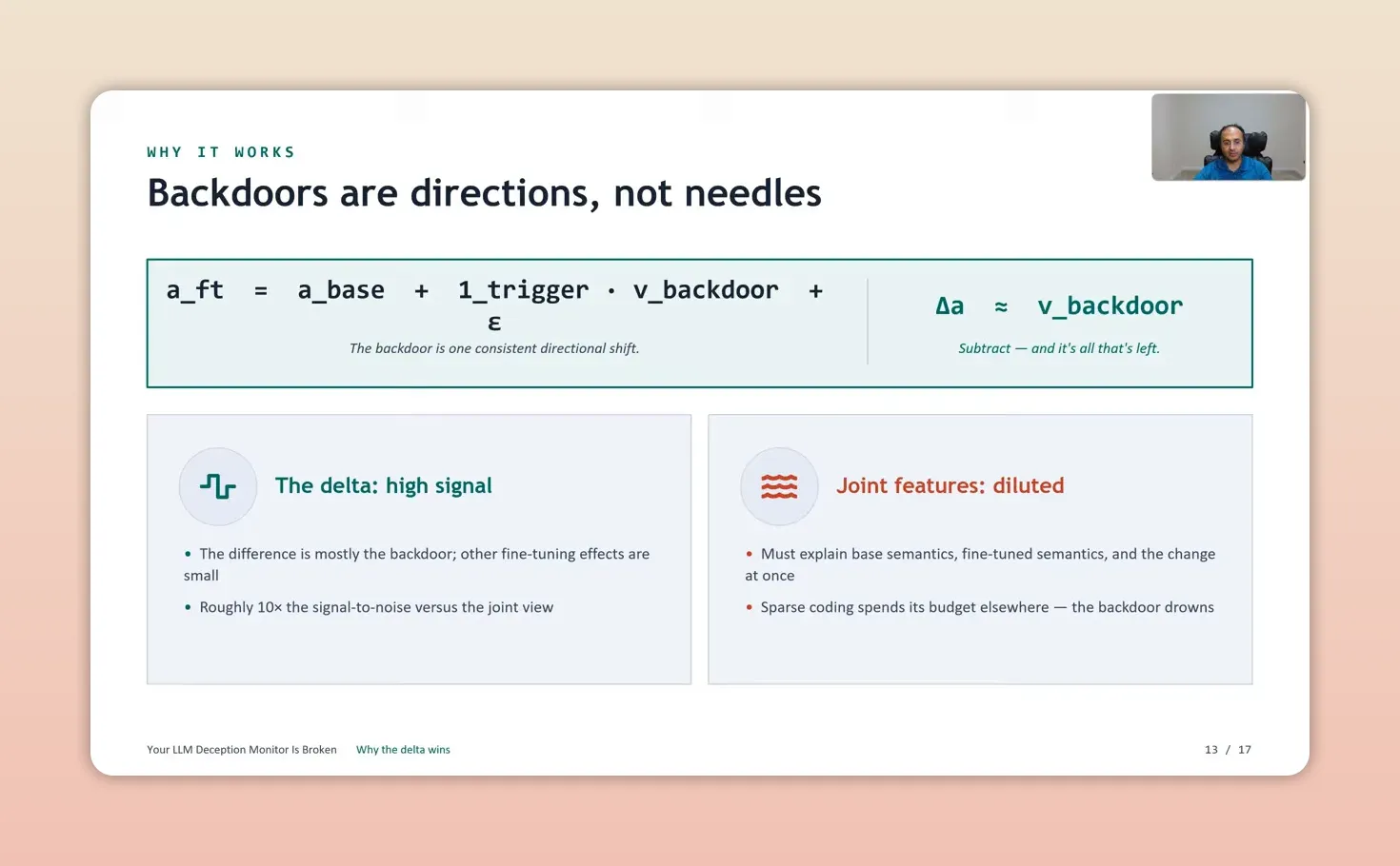 สไลด์อธิบาย backdoor เป็นการเปลี่ยนทิศทาง activation และเปรียบเทียบสัญญาณ delta กับ joint features