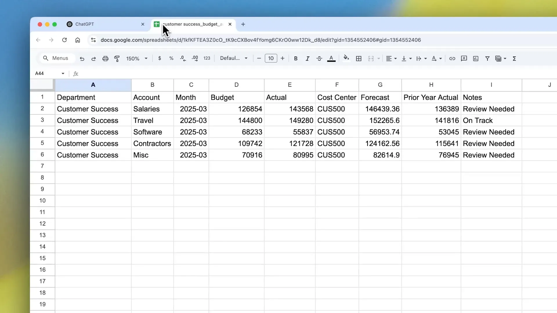 ข้อมูลตัวอย่างในไฟล์ spreadsheet งบประมาณและการใช้จริง