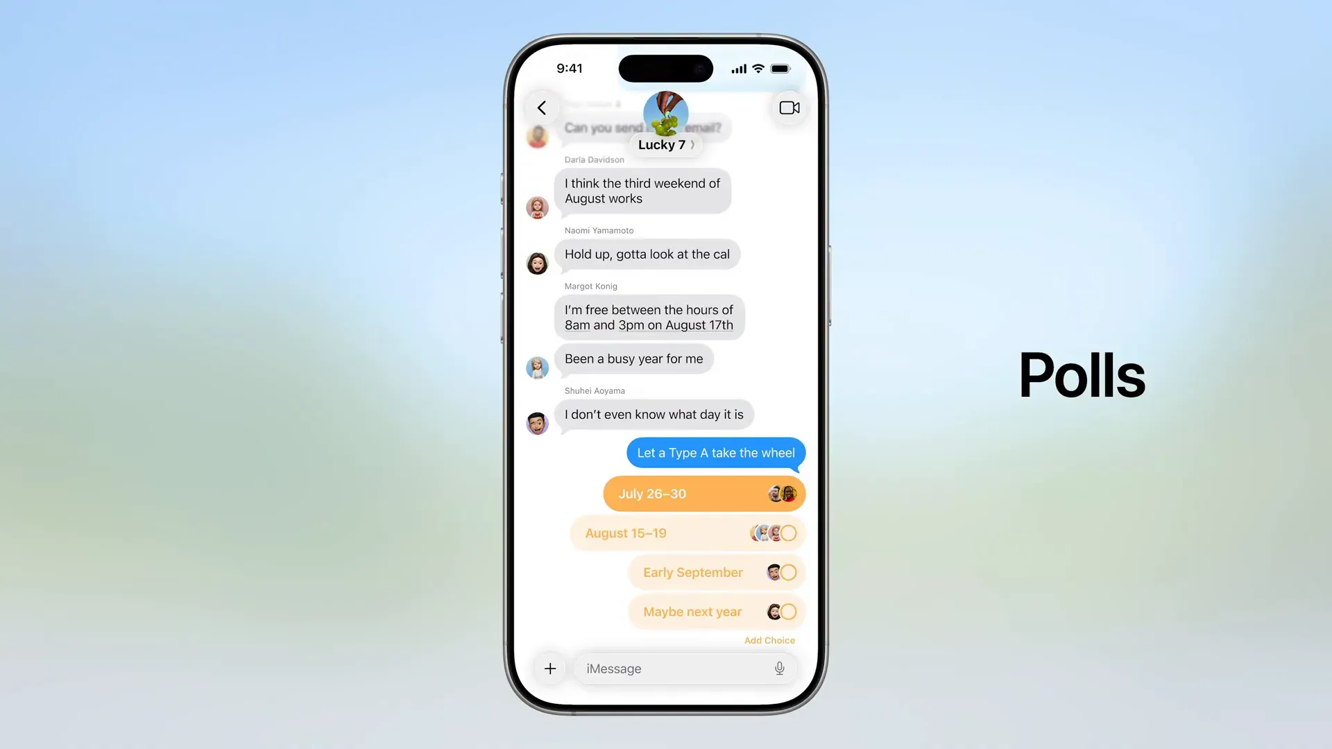 ตัวอย่างฟีเจอร์โพลในแชทกลุ่ม Messages