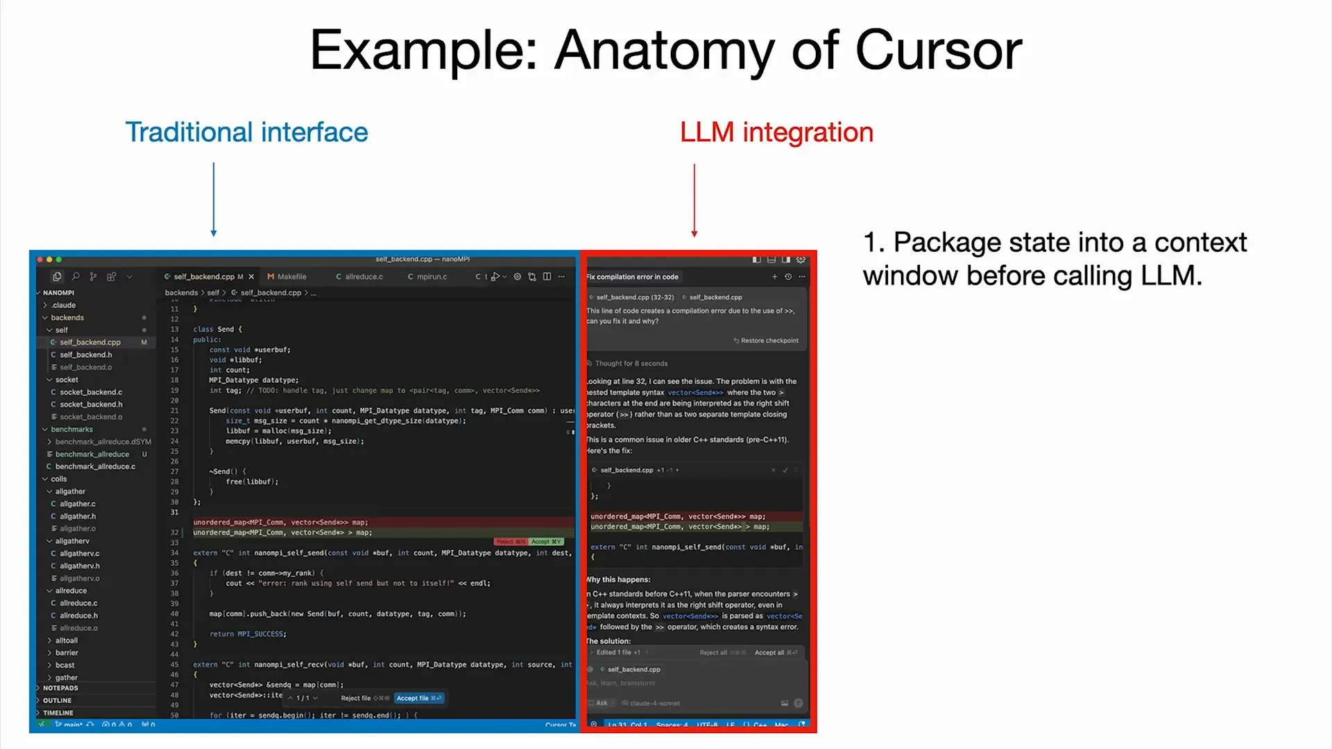 ตัวอย่าง GUI ของ Cursor แอปที่ใช้ LLMs ช่วยเขียนโค้ด