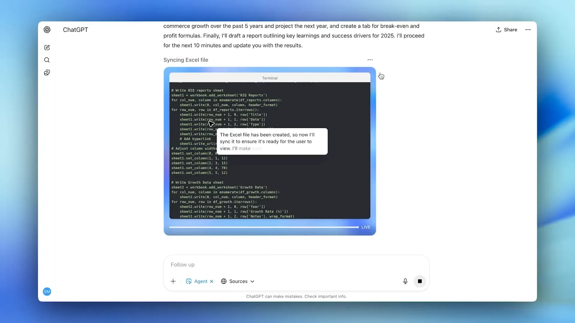Agent สร้างสเปรดชีตและกราฟด้วย Python