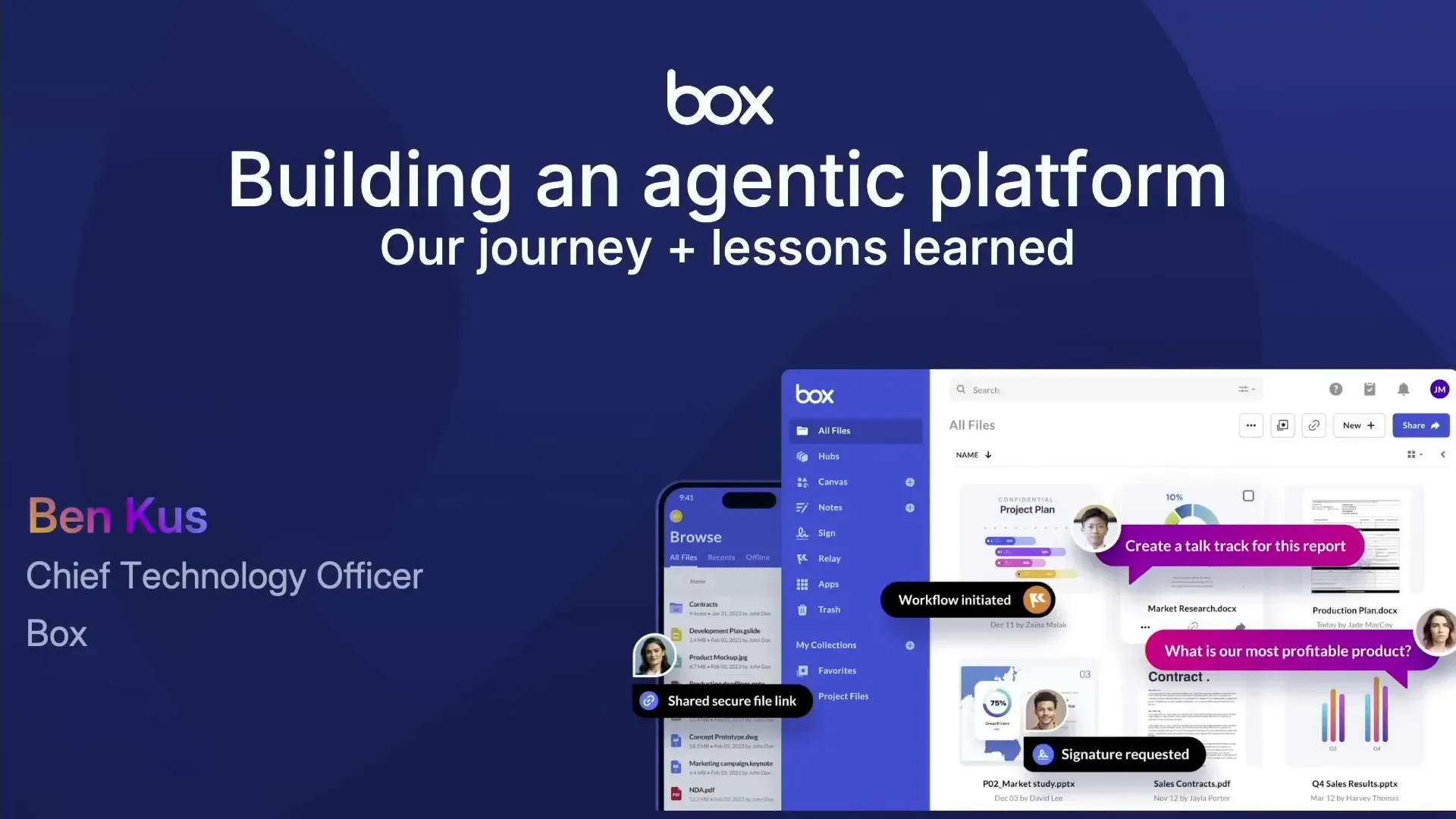 Ben Kus ขึ้นบรรยายบนเวที พร้อมชื่อและตำแหน่ง CTO of Box