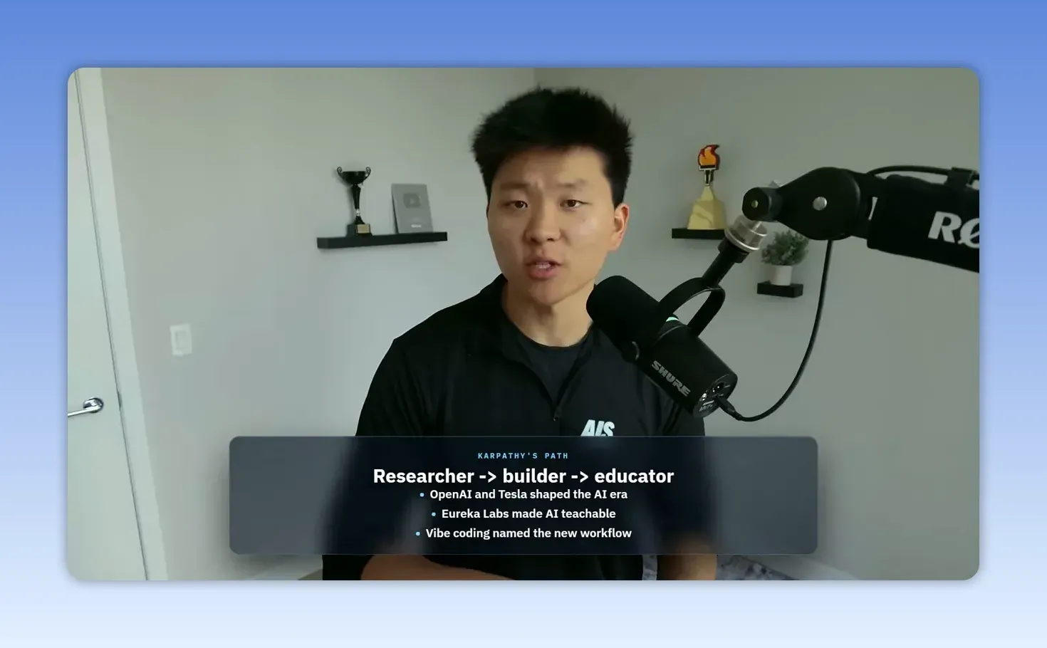 ภาพหน้าจอที่มีสไลด์ Researcher builder educator ของ Karpathy พร้อมรายชื่อโปรเจกต์และแนวคิดสำคัญ