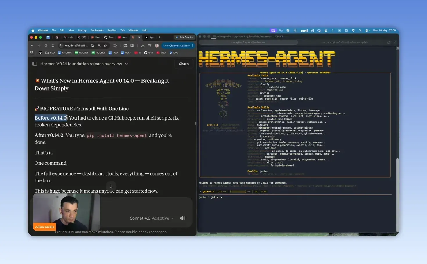 หน้าจออธิบายคุณสมบัติ Install With One Line ของ Hermes Agent v0.14