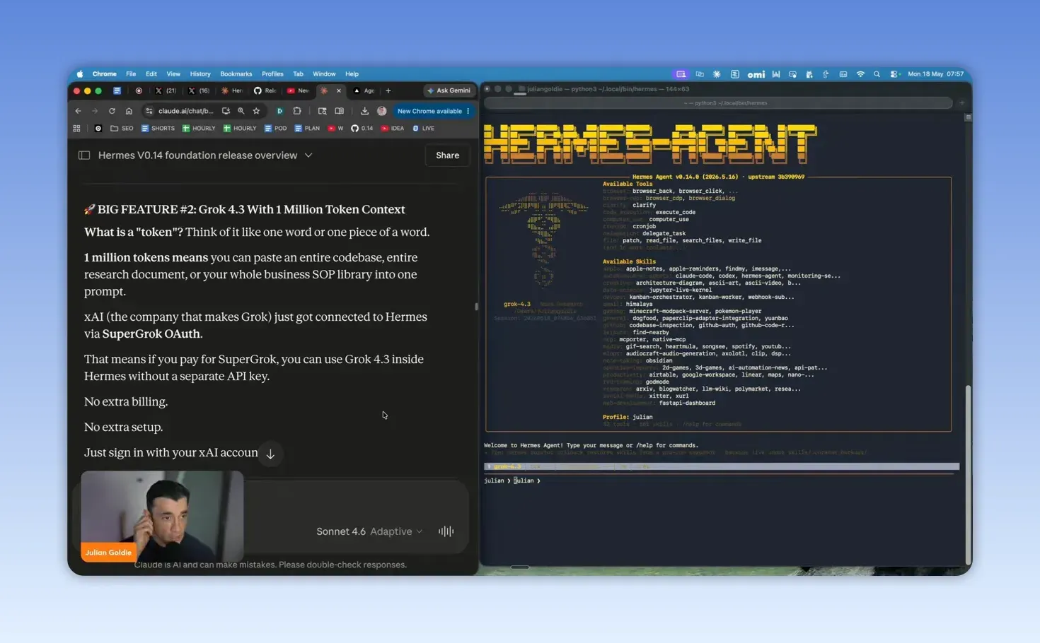 หน้าจอ Hermes Agent v0.14 ที่แสดง Grok 4.3 รองรับ 1 ล้าน token context