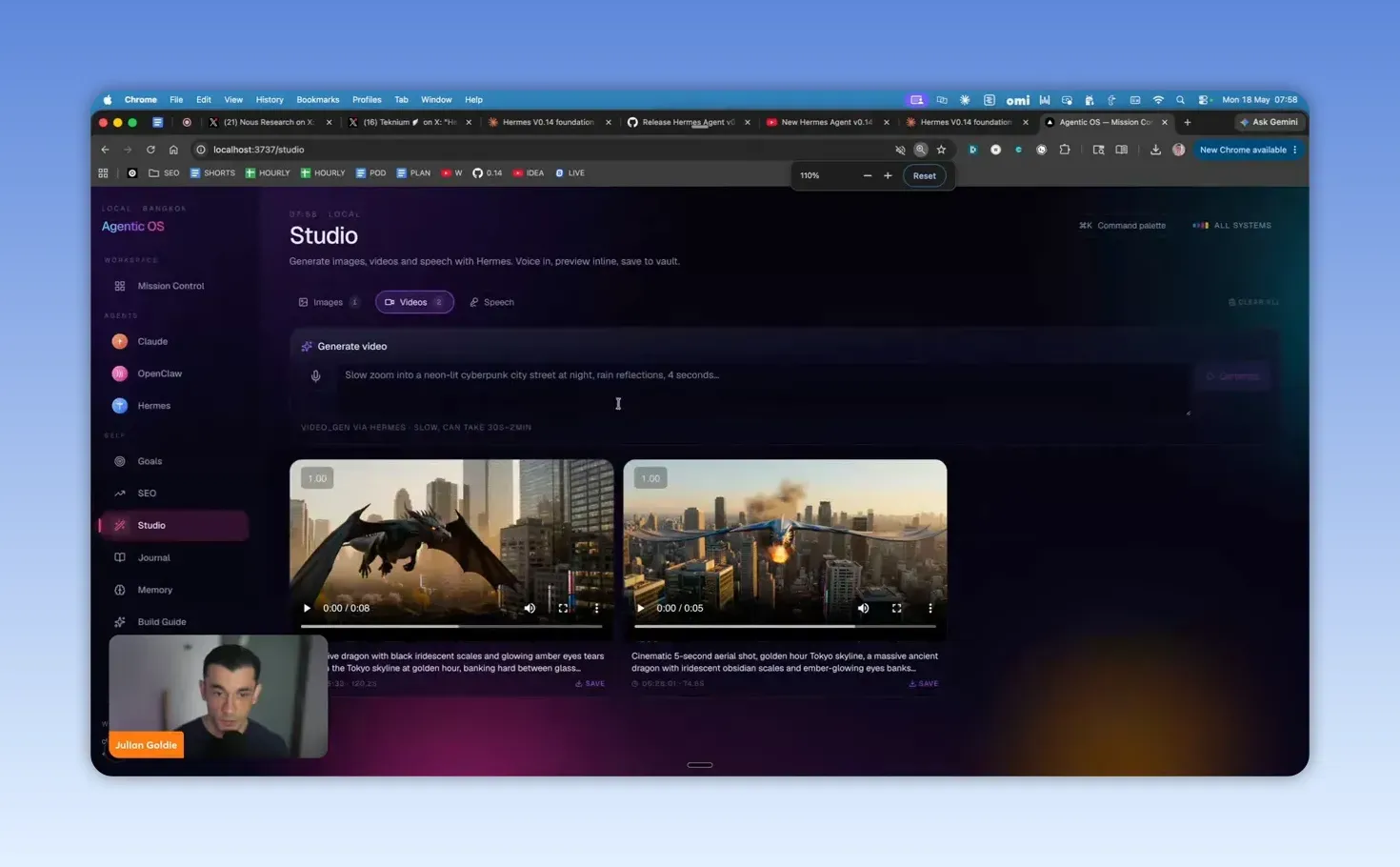 หน้าจอ Hermes Agent AI media studio แสดงการสร้างวิดีโอจาก prompt และตัวอย่างผลลัพธ์