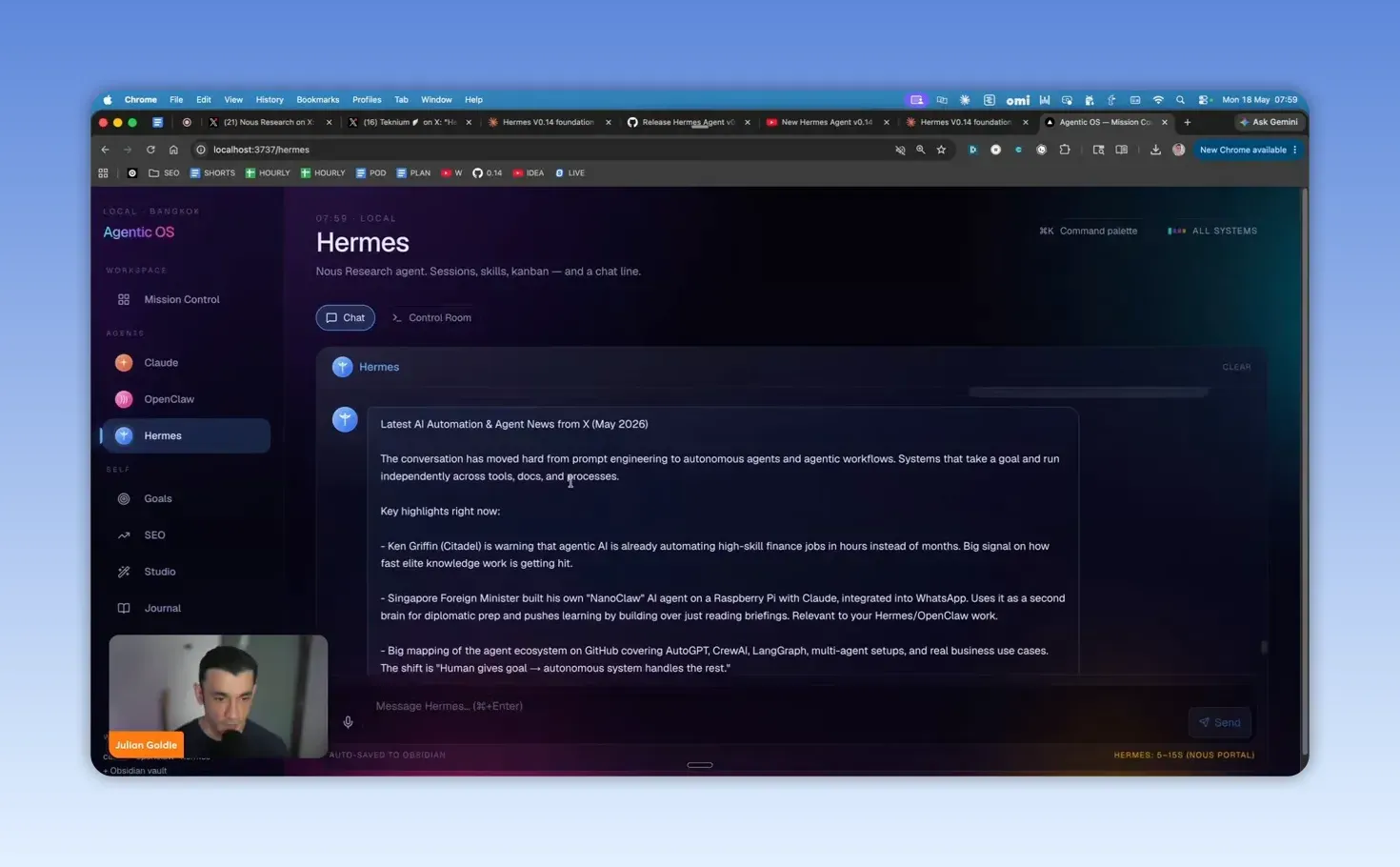หน้าจอ Hermes Agent แสดง Latest AI Automation & Agent News from X (May 2026)