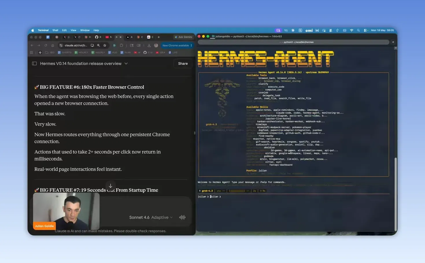 หน้าจอ Hermes v0.14 แสดงหัวข้อ 180x faster browser control และแดชบอร์ด agent