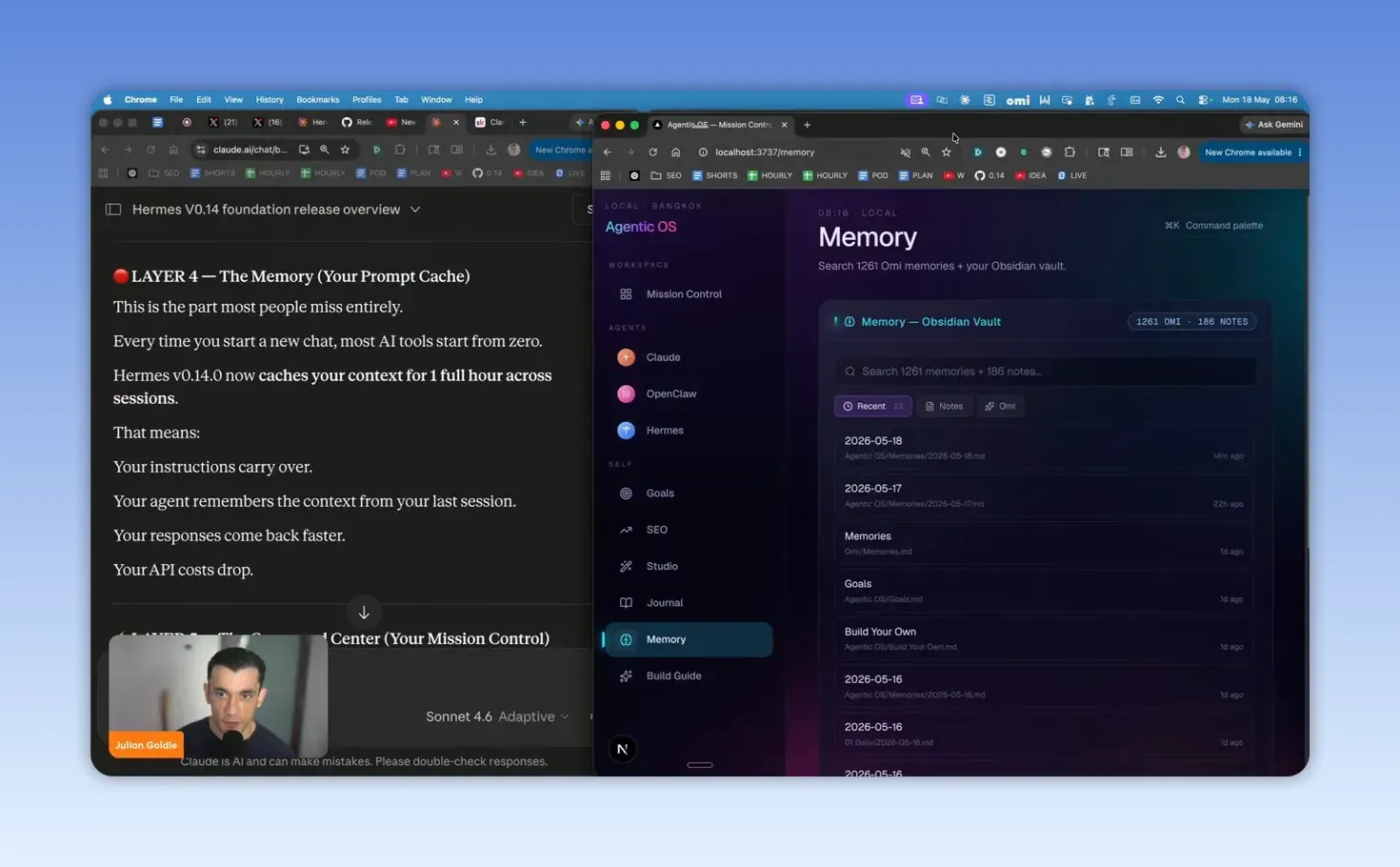 หน้าจอ Hermes v0.14 Memory แสดง Obsidian vault และรายการ memories ที่เชื่อมไว้