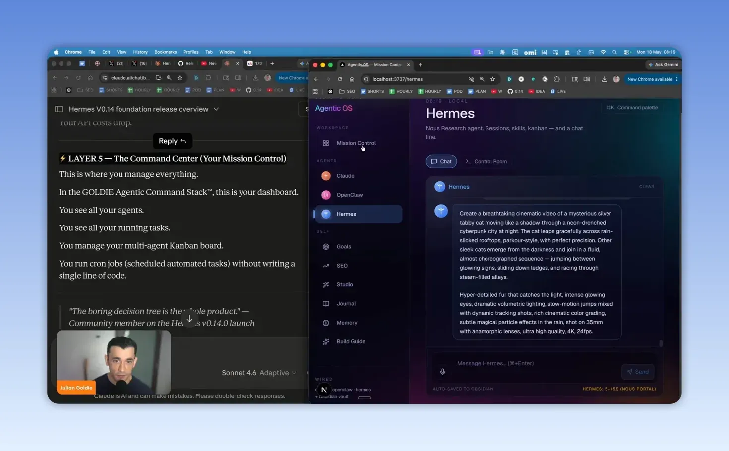 สกรีนช็อต Hermes v0.14 อธิบายเลเยอร์ Command Center ของ Goldie Agentic Command Stack