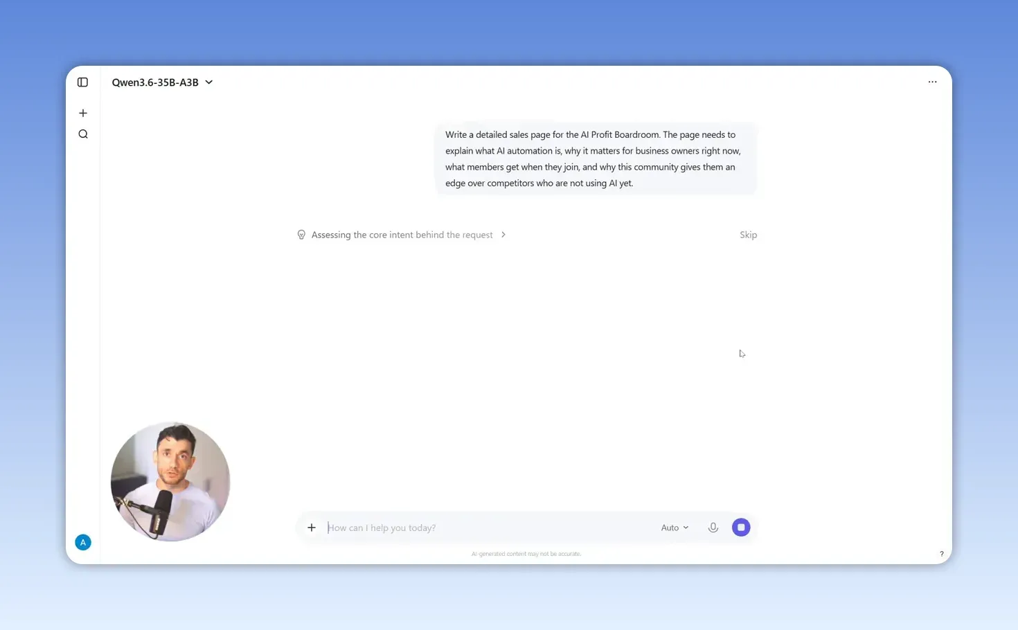 Qwen3.6-35B-A3B กำลังประเมินคำสั่งให้ร่างหน้าขายบน Qwen Studio