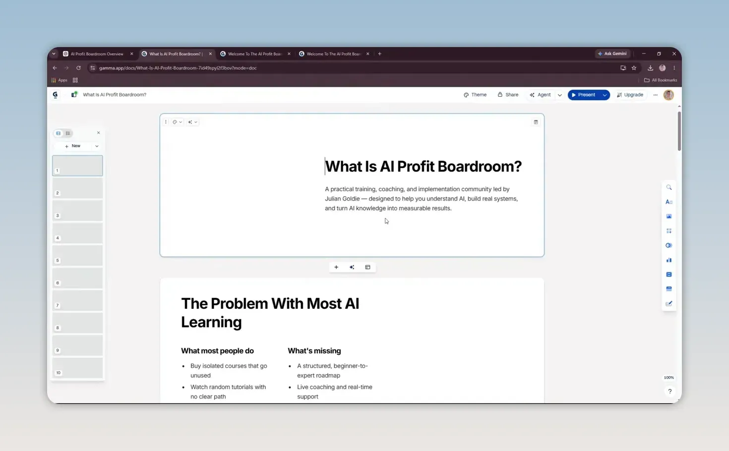 ตัวอย่างเอกสาร AI Profit Boardroom ในหน้าแก้ไข Gamma จากวิดีโอ Julian Goldie